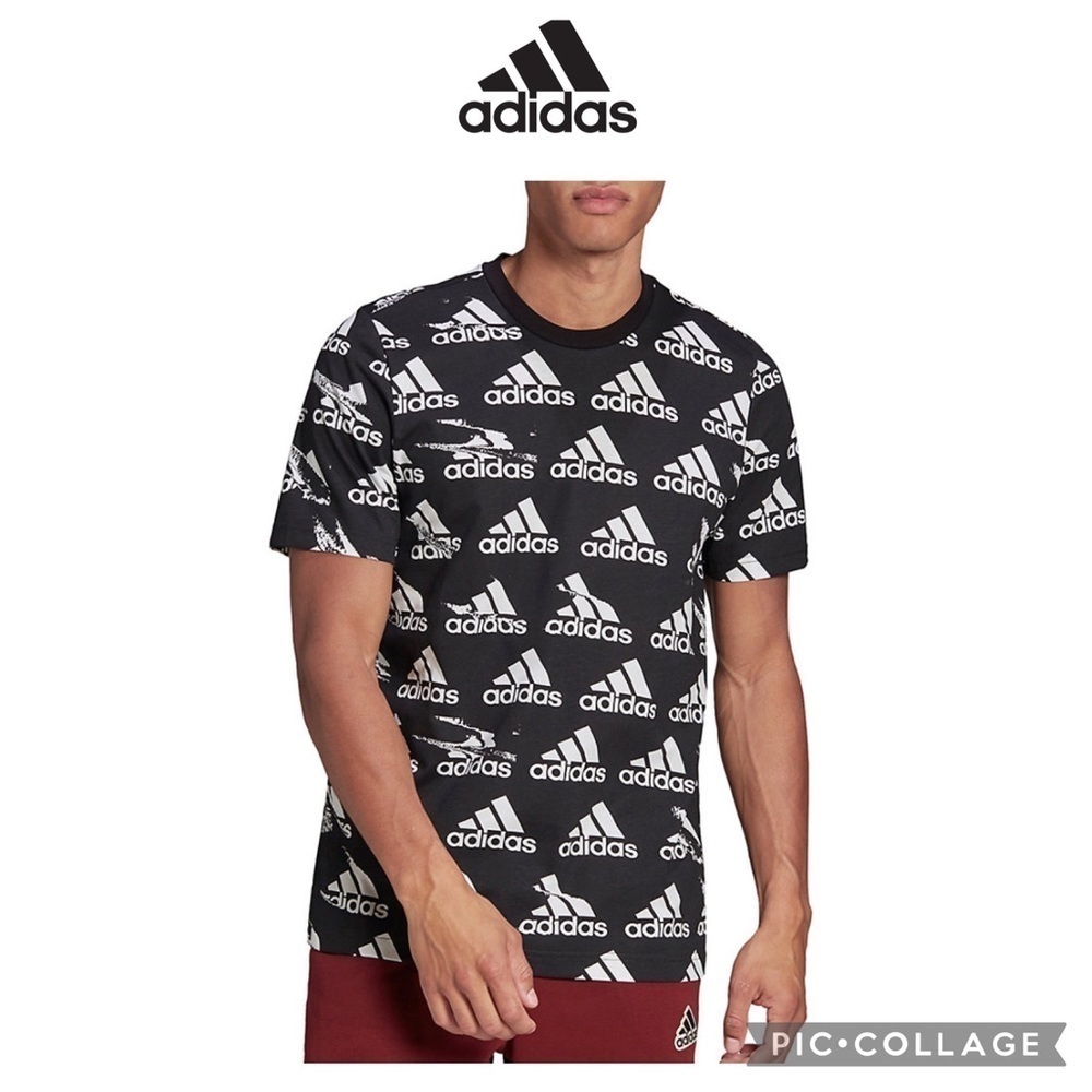 Adidas men Brand’s love all over logo printed Tshirt black white size XL NWT